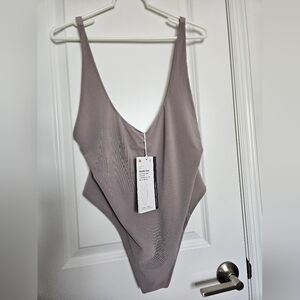 NWT Wundermost Nulu Mesh Scoop-Back Sleeveless Thong Bodysuit Mauve Grey Size XL